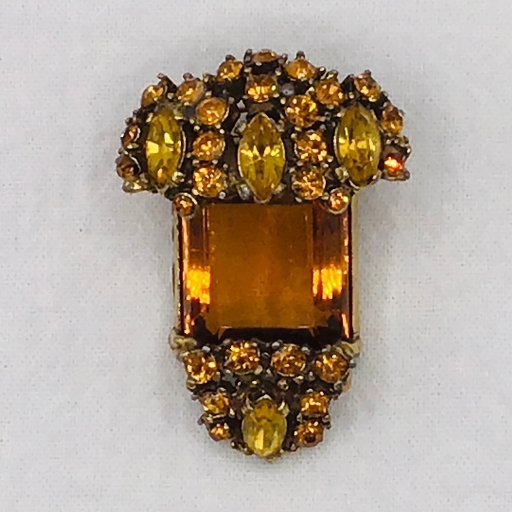 Vintage Brooch Clip Chunky Acorn Crystal Facet Rhinestone Gems Citrine Orange